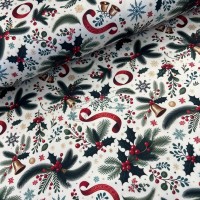 metráž  -  Dekorační VÁNOČNÍ satén - VĚTVIČKY a ZVONEČEK   š.140cm