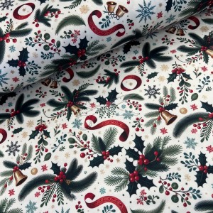 metráž - Dekorační VÁNOČNÍ satén - VĚTVIČKY a ZVONEČEK š.140cm metráž - Dekorační VÁNOČNÍ satén - VĚTVIČKY a ZVONEČEK š.140cm