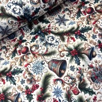 metráž  -  Dekorační VÁNOČNÍ satén - VLOČKA a ORNAMENTY  š.140cm