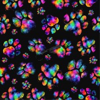 metráž - FLANEL FLEECE - TLAPKY duhové na ČERNÉM