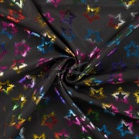 metráž - SOFTSHELL ZIMNÍ - HVĚZDIČKY duhové na ČERNÉM š.145cm